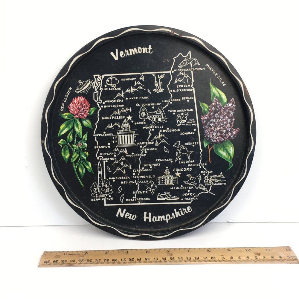 Vintage Aged Vermont New Hampshire Round Black‎ Tin Metal Tray Souvenir Imagery